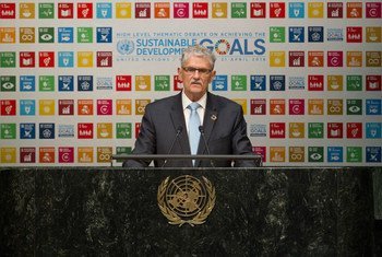 Le Président de l'Assemblée générale de l'ONU, Mogens Lykketoft, à l’ouverture d’un débat thématique de haut niveau sur la réalisation des 17 Objectifs de développement durable (ODD) du Programme de développement durable à l'horizon 2030, organisé au sièg