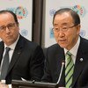 Le Secrétaire général Ban Ki-moon (à droite) et le Président français François Hollande lors d'une conférence de presse. Photo ONU/Eskinder Debebe