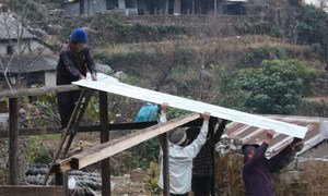 Corrugated iron sheets being used to create household shelter to protect survivors of the April 2015 earthquake in Nepal.