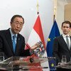 Secretary-General Ban Ki-moon (left) and Sebastian Kurz, Minister for Europe, Integration and Foreign Affairs of Austria, address reporters at a joint press conference.