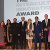 Annamaria Olsson, center, receives the Intercultural Innovation Award, which was created by the BMW group and the UN Alliance of Civilizations (UNAOC). The award ceremony was held on the sidelines of the UNAOC's 7th Global Forum in Baku, Azerbaijan held on 25-27 April 2016.