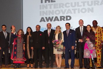 Annamaria Olsson, center, receives the Intercultural Innovation Award, which was created by the BMW group and the UN Alliance of Civilizations (UNAOC). The award ceremony was held on the sidelines of the UNAOC's 7th Global Forum in Baku, Azerbaijan held o