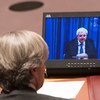 Under-Secretary-General for Humanitarian Affairs and Emergency Relief Coordinator, Stephen O’Brien (on screen), briefs the Security Council via video teleconference from Vienna on the humanitarian situation in Syria.