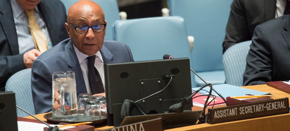 Tayé-Brook Zerihoun (left), Assistant Secretary-General for Political Affairs, briefs the Security Council on the situation in Ukraine.