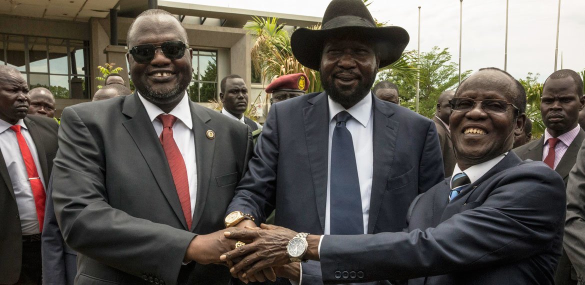 From left: Riek Machar, First Vice-President of South Sudan; President Salva Kiir; and James Wani Igga, Second Vice-President, after the swearing in of a new Transitional Government of National Unity, 29 April 2016.