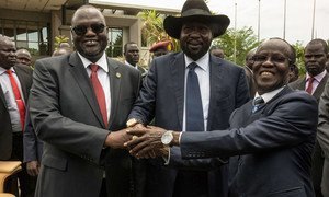 From left: Riek Machar, First Vice-President of South Sudan; President Salva Kiir; and James Wani Igga, Second Vice-President, after the swearing in of a new Transitional Government of National Unity, 29 April 2016.