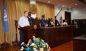 Secretary-General Ban Ki-moon addresses National Assembly of Seychelles, 8 May 2016.