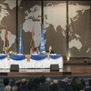 Secretary-General Ban Ki-moon (at podium) delivers remarks to the Sustainable Development Goals Stakeholders in Mauritius.