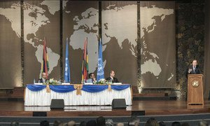 Secretary-General Ban Ki-moon (at podium) delivers remarks to the Sustainable Development Goals Stakeholders in Mauritius.