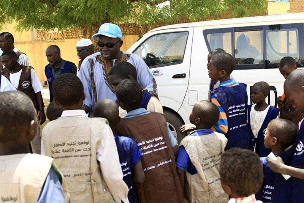 The African Union-UN Mission in Darfur (UNAMID) Sector West Child Protection Unit (CPU) at Krinding (1) Camp for internally displaced persons in El-Geneina, west Darfur, distributed vests inscribed with messages that promote the protection of children as 