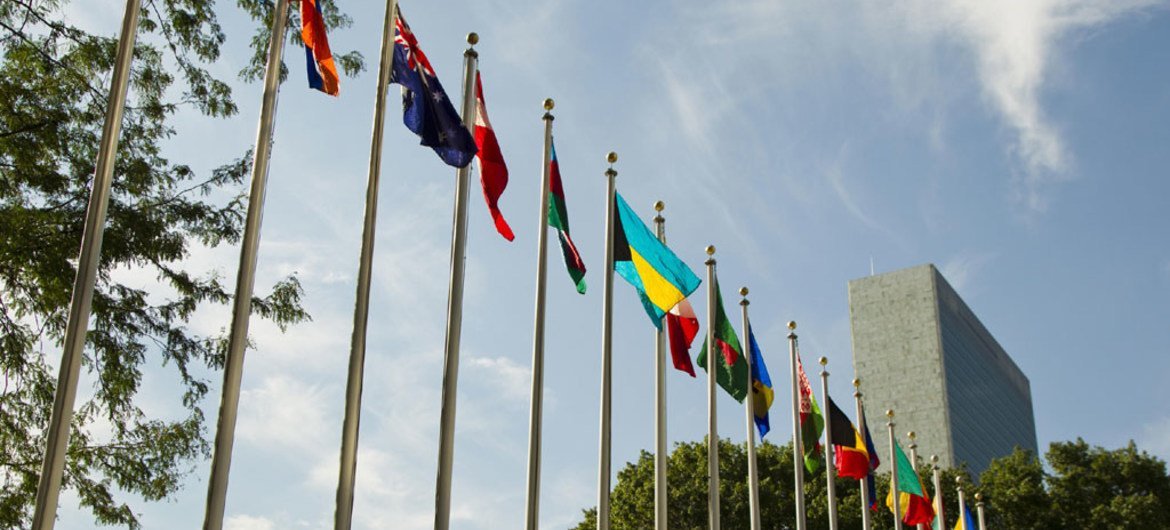 Drapeaux devant le siège de l'ONU à New York. 