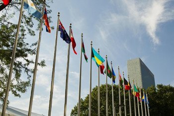 संयुक्त राष्ट्र मुख्यालय की इमारत का एक नज़ारा, जहाँ सदस्य देशों के झण्डे भी लहरा रहे हैं.