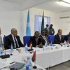 President Hassan Sheikh Mohamud of Somalia; Prime Minister Omar Abdirashid Shamarke; Security Council President Abdellatif Aboulatta (Egypt); and Ambassador Matthew Rycroft (UK) meet in Mogadishu.