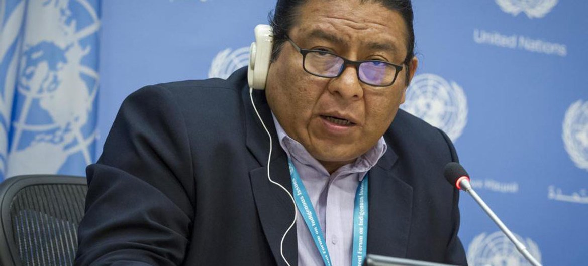 Chair of the United Nations Permanent Forum on Indigenous Issues (UNPFII), Alvaro Esteban Pop Ac, addresses a press conference at UN Headquarters in New York.