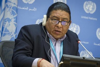 Chair of the United Nations Permanent Forum on Indigenous Issues (UNPFII), Alvaro Esteban Pop Ac, addresses a press conference at UN Headquarters in New York.
