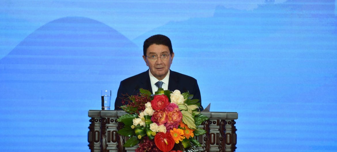 Secretary-General of the UN World Tourism Organization (UNWTO) Taleb Rifai addresses the First World Conference on Tourism for Development being held in Beijing, China, 18-21 May 2016.