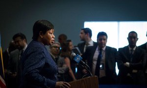 Fatou Bensouda, Prosecutor of the International Criminal Court (ICC), speaks to journalists after briefing the Security Council at its meeting on the situation in Libya.