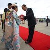 Le Secrétaire général Ban Ki-moon arrive à Ise-Shima, au Japon, pour un sommet du G7. Photo OSSG