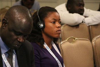 Maribel Ibule Djole, a writer for the Equatorial Guinean news outlet Ebano, attends a press conference for journalists coming from least developed countries (LDCs) at the Midterm Review of the Istanbul Programme of Action in Antalya, Turkey. 28 May 2016.