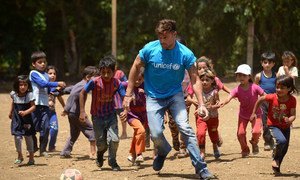 On 1 June 2016, UNICEF goodwill ambassador Ricky Martin plays football with Syrian refugee children at Al-Hissa informal refugee settlement in northern Lebanon.