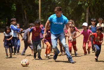 On 1 June 2016, UNICEF goodwill ambassador Ricky Martin plays football with Syrian refugee children at Al-Hissa informal refugee settlement in northern Lebanon.