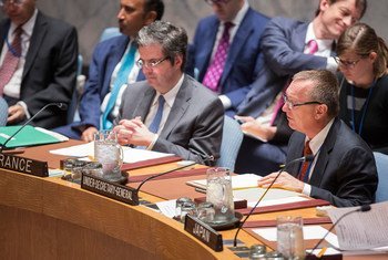 Jeffrey Feltman, Under-Secretary-General for Political Affairs, briefs the Security Council at a meeting on threats to international peace and security caused by terrorist acts.