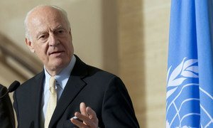 Staffan de Mistura, UN Special Envoy for Syria at a press conference after meeting with the ISSG Humanitarian Access Task Force.  (file)