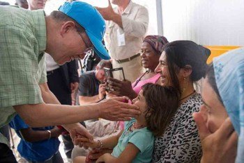 United Nations Secretary-General Ban Ki-moon visits the Kara Tepe refugee camp on the Greek island of Lesbos on 18 June, 2016.