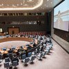 A wide view of the Security Council as Ismail Ould Cheikh Ahmed, the Secretary General's Special Envoy for Yemen, briefs the Council via video teleconference on the humanitarian situation in Yemen.
