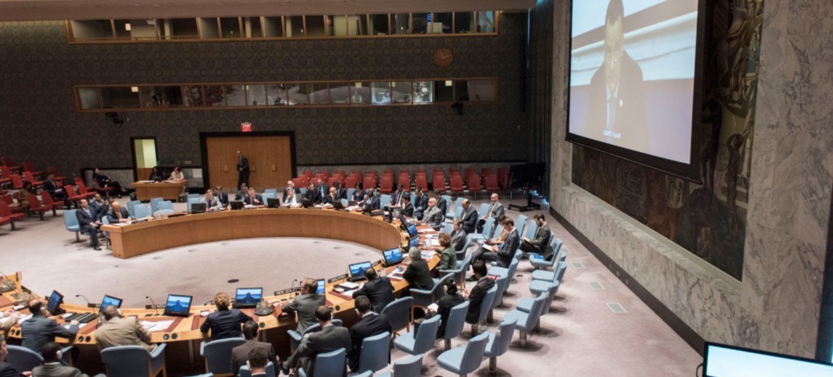 A wide view of the Security Council as Ismail Ould Cheikh Ahmed, the Secretary General's Special Envoy for Yemen, briefs the Council via video teleconference on the humanitarian situation in Yemen.