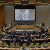 Secretary-General Ban Ki-moon (screen) delivers remarks at formal open consultations at UN Headquarters in New York on the 2016 Comprehensive Review of the implementation of Security Council resolution 1540 (2004).