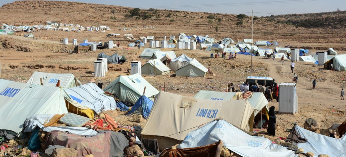 Un site accueillant des déplacés à Khamer, dans le gouvernorat d'Amran, au Yémen. Photo OCHA/Philippe Kropf