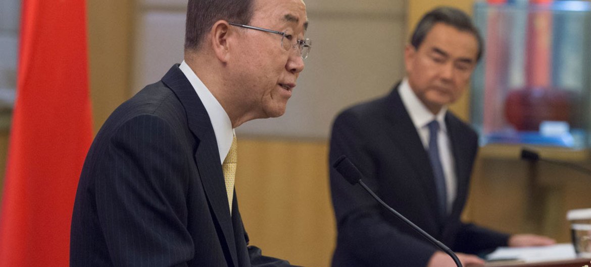 Secretary-General Ban Ki-moon (left) addresses a joint press conference with Wang Yi, Minister for Foreign Affairs of the People’s Republic of China.