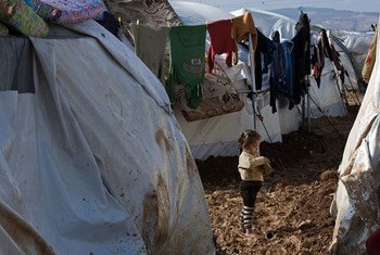 Босоногая девочка  между рядами палаток в  лагере сирийских беженцев  возле границы с Турцией, провинция  Алеппо. Фото ЮНИСЕФ