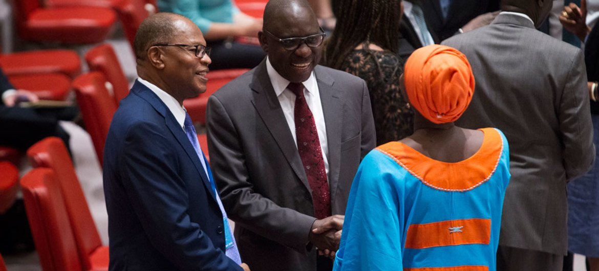 Mohammed Ibn Chambas (left), Special Representative of the Secretary-General and Head of the United Office for West Africa and the Sahel (UNOWAS), with African delegates at the Security Council meeting on peace consolidation in West Africa.
