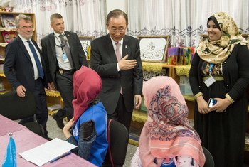 On 28 June 2016, Secretary-General Ban Ki-moon (centre) visits a school in Gaza run by the UN Relief and Works Agency for Palestine Refugees in the Near East (UNRWA).