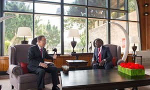 Secretary-General Ban Ki-moon (left) meets with Willy Bett, Cabinet Secretary of the Ministry of Agriculture, Livestock and Fisheries of the Republic of Kenya, on the margins of the the fourteenth session of the UN Conference on Trade and Development (UNCTAD).