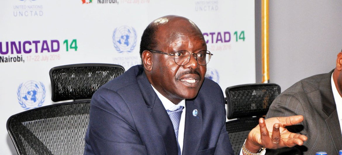 Secretary-General of the UN Conference on Trade and Development (UNCTAD), Mukhisa Kituyi, during a press briefing at UNCTAD 14.