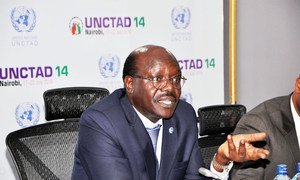 Secretary-General of the UN Conference on Trade and Development (UNCTAD), Mukhisa Kituyi, during a press briefing at UNCTAD 14.