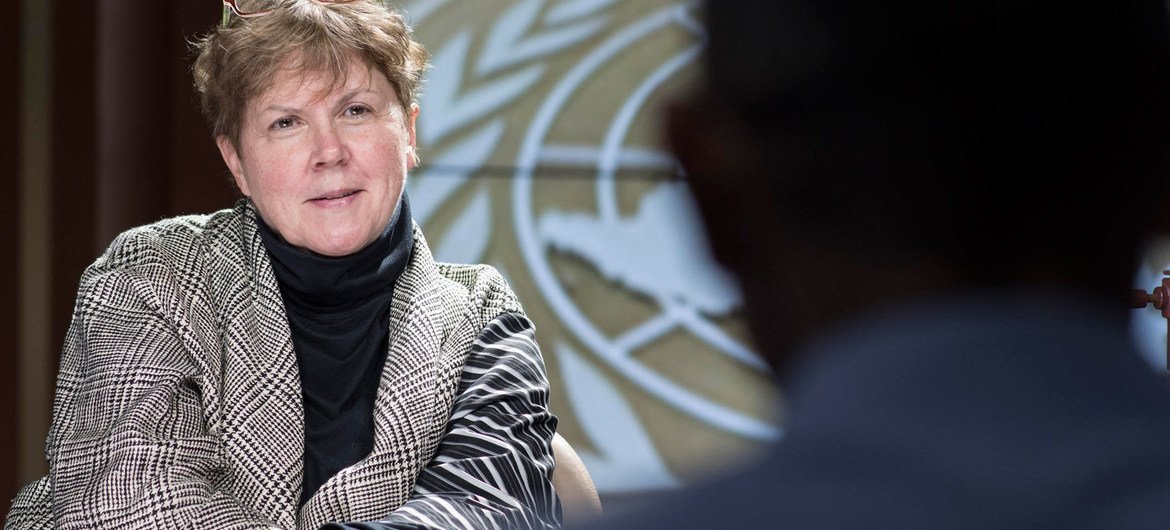 Jane Holl Lute, Special Coordinator on improving the United Nations response to sexual exploitation and abuse, gives an interview for the UN News and Media Division's news outlets.