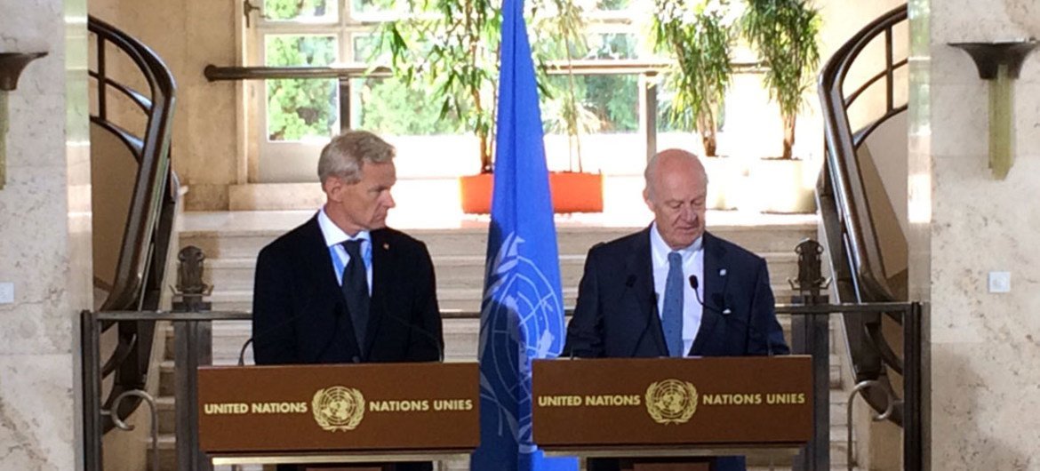 UN Special Envoy for Syria Staffan de Mistura (right), and his Senior Special Advisor Jan Egeland,  brief the press in Geneva.