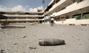 A munitions shell lies on the ground at Sobhi Abu Karsh Basic School in the Sheja’eyya neighbourhood of Gaza City.