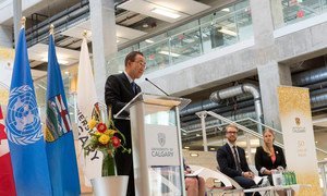 Secretary-General Ban Ki-moon addresses faculty and students at the University of Calgary.