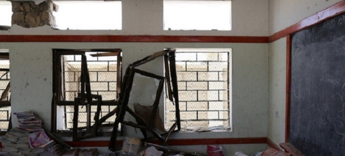 A classroom in Sa’ada, Yemen, was badly damaged in the recent conflict in April 2016. Photo: UNICEF/UN026956/Madhok