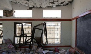Une salle de classe à Sa’ada, au Yémen, gravement endommagée dans le récent conflit en avril 2016.