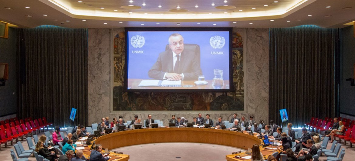 Zahir Tanin (shown on screen), Special Representative of the Secretary-General and Head of the United Nations Interim Administration Mission in Kosovo (UNMIK), briefs the Security Council via video tele conference.