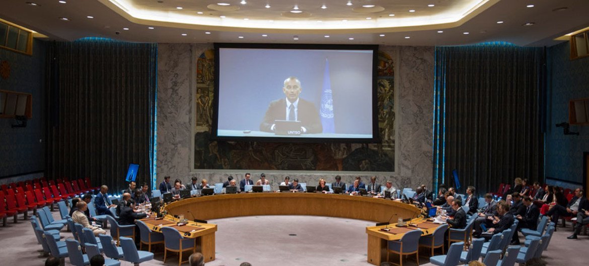 UN Special Coordinator for the Middle East Peace Process Nickolay Mladenov (shown on screen), briefs the Security Council via video teleconference.