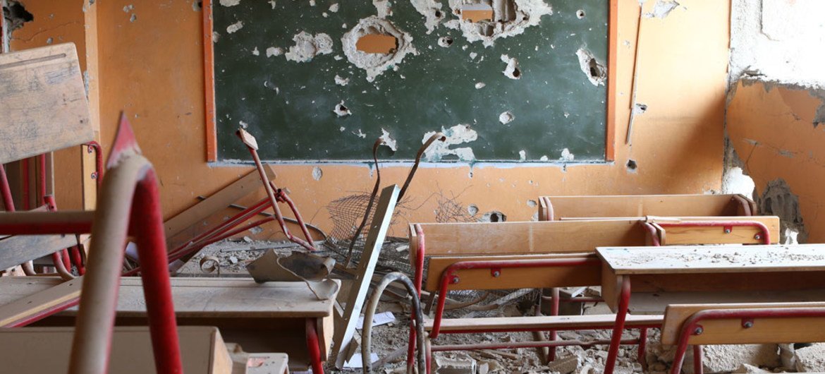 A primary school in Hujjaira, Rural Damascus, Syria, damaged due to continuous violence in the area.