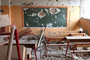 A primary school in Hujjaira, Rural Damascus, Syria, damaged due to continuous violence in the area.