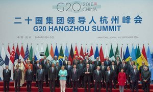 Leaders attending the G20 summit in Hangzhou, China, pose for a commemorative photo at the opening ceremony on 4 September 2016.